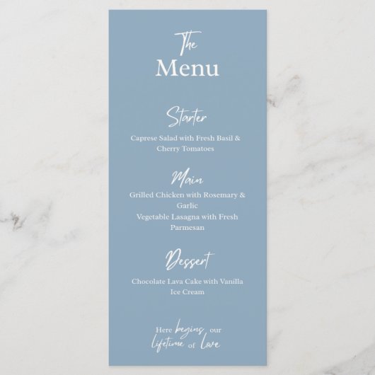Carte de menu de mariage bleu poussiéreux pour dîn (Devant)