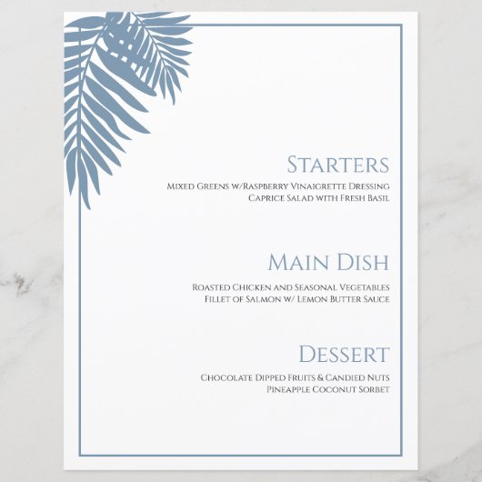 Carte de menu de mariage Blue Palm 8 1/2" X 11" (Devant)