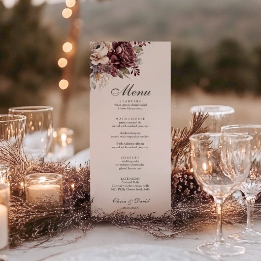 Carte de Menu de Mariage Bohème Floral Bourgogne