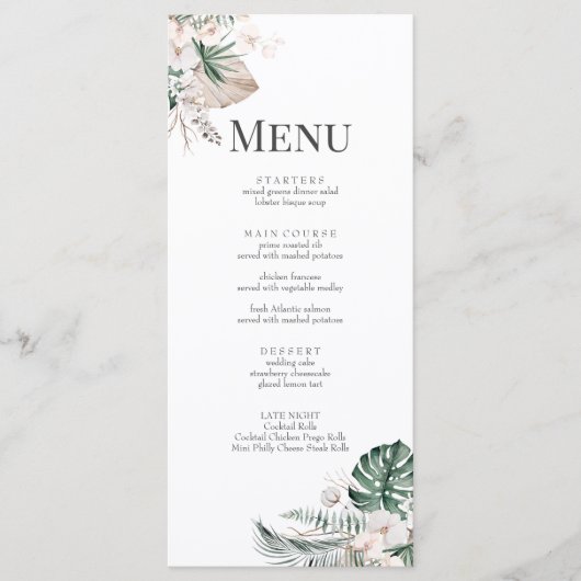 Carte de Menu de Mariage Boho Tropical Orchidée & (Devant)