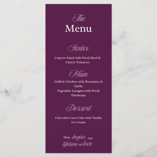 Carte de menu de mariage bordeaux pour dîners de f (Devant)