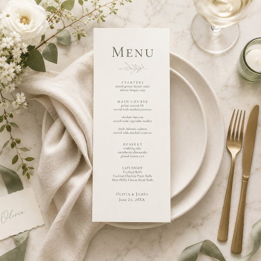 Carte de menu de mariage botanique au style modern