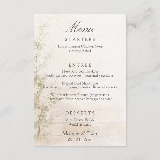 Carte de menu de mariage botanique élégant (Devant)