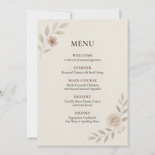 Carte de menu de mariage botanique élégante (Devant)