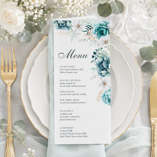 Carte de Menu de Mariage Botanique Sarcelle