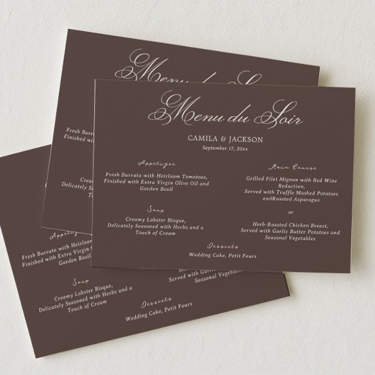 Carte de Menu de Mariage Brun Victorien