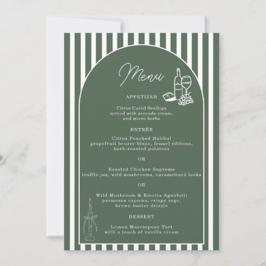 Carte de menu de mariage cabane prépa rayée verte (Devant)