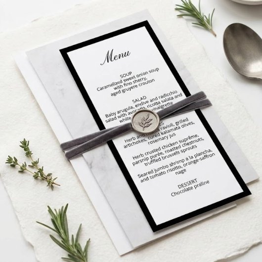 Carte de menu de mariage calligraphiée chic minima