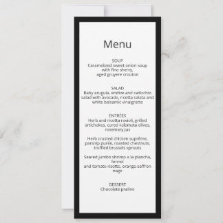 Carte de menu de mariage calligraphiée chic minima