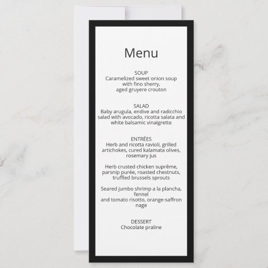 Carte de menu de mariage calligraphiée chic minima (Devant)