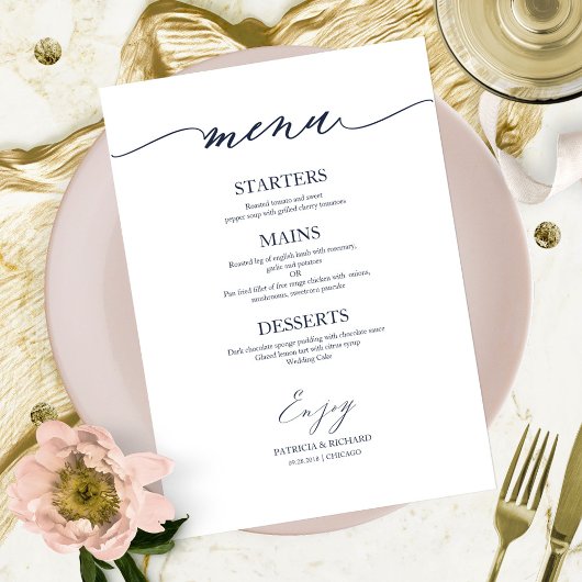 Carte de menu de mariage calligraphiée chic pour a