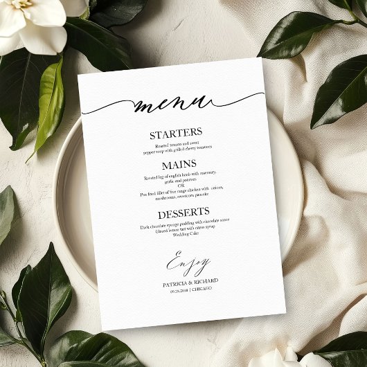 Carte de menu de mariage calligraphiée chic pour a