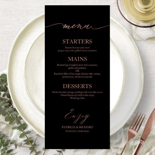 Carte de menu de mariage calligraphiée élégante 4x