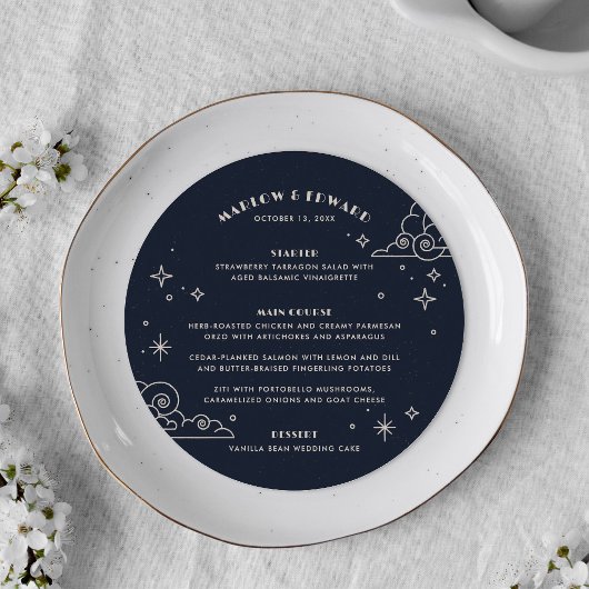 Carte de menu de mariage céleste Navy Moon & Stars