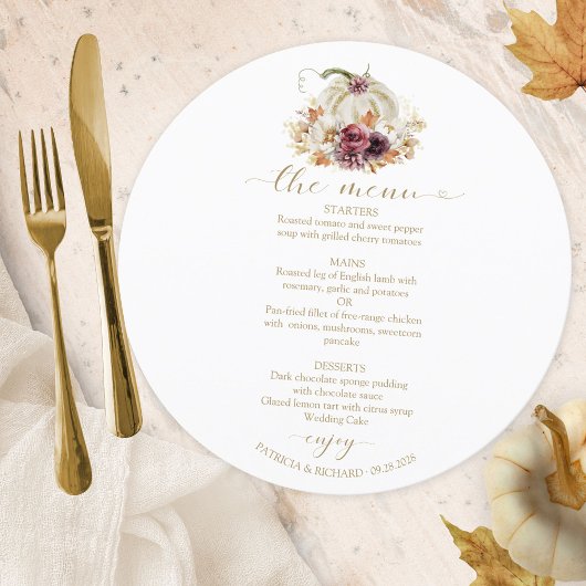 Carte de menu de mariage cercle citrouille tomber