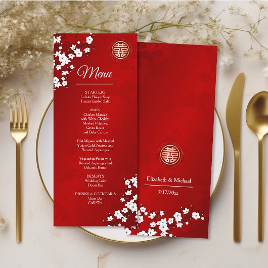Carte de menu de mariage chinois Fleur orientale b