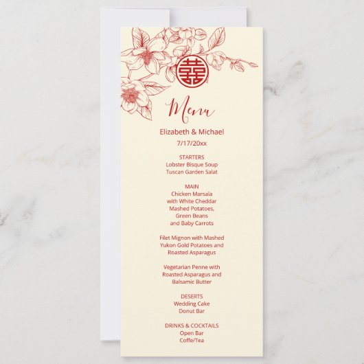 Carte de menu de mariage chinois Magnolia bilingue (Devant)