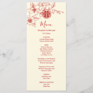 Carte de menu de mariage chinois Magnolia rouge cr