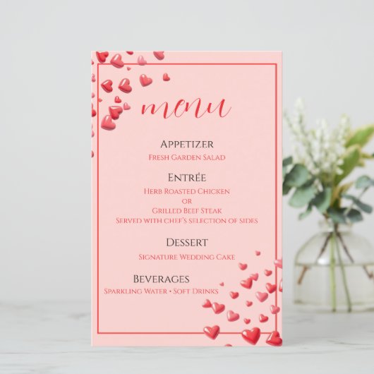 Carte de menu de mariage Cœurs Rouges (Debout devant)