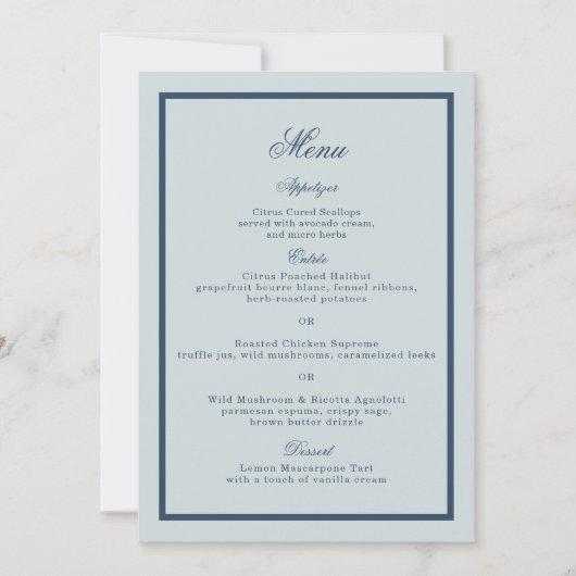 Carte de menu de mariage côtier bleu poussiéreux c (Devant)