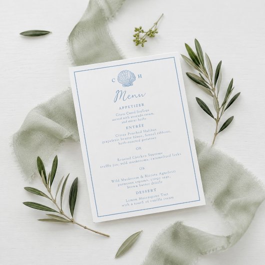 Carte de menu de mariage côtier Coquillage Bleu