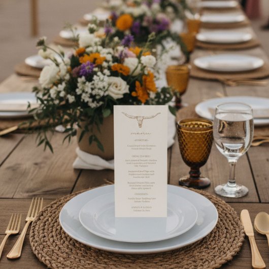 Carte de menu de mariage crâne de vache Boho déser