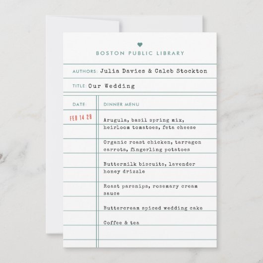 Carte de menu de mariage de carte de bibliothèque  (Devant)