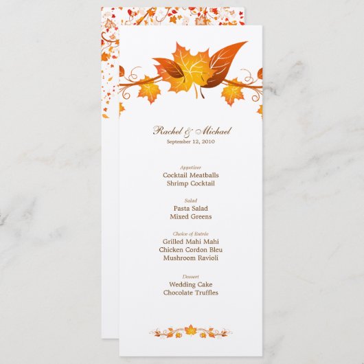 Carte de menu de mariage de feuillage d'automne (Devant / Derrière)