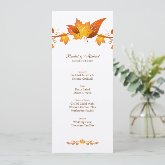 Carte de menu de mariage de feuillage d'automne (Debout devant)