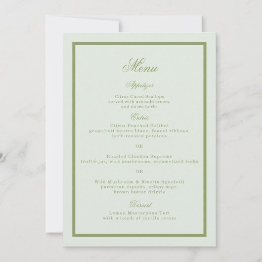Carte de menu de mariage de Moss Green Estate (Devant)