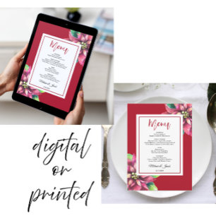 Carte de menu de mariage de Noël au poinsettia rou
