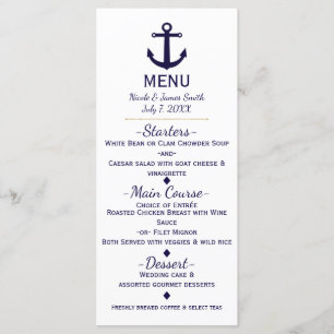 Carte de menu de mariage de plage nautique Blue An
