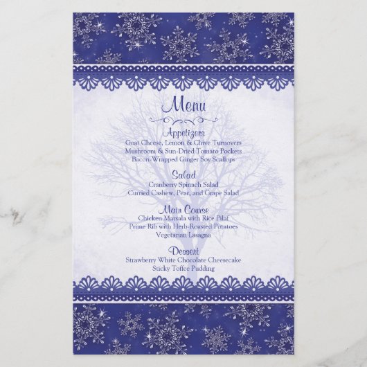 Carte de menu de mariage d'hiver Blue Snowflake de (Devant)