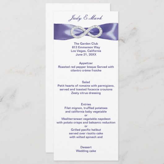 Carte de menu de mariage Diamant Infini Bleu Viole (Devant / Derrière)