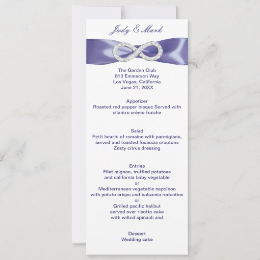Carte de menu de mariage Diamant Infini Bleu Viole (Devant)
