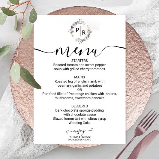 Carte de menu de mariage élégant avec calligraphie