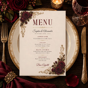 Carte de Menu de Mariage Élégant Gothique Roses Bo