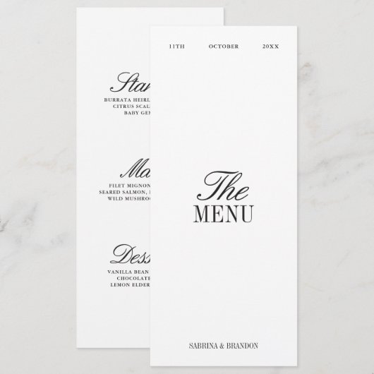 Carte de Menu de Mariage Élégant Noir et Blanc (Devant / Derrière)