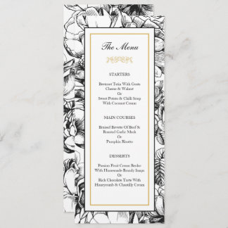 Carte de menu de mariage élégant noir et or