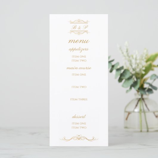 Carte de menu de mariage élégante à monogramme or (Debout devant)