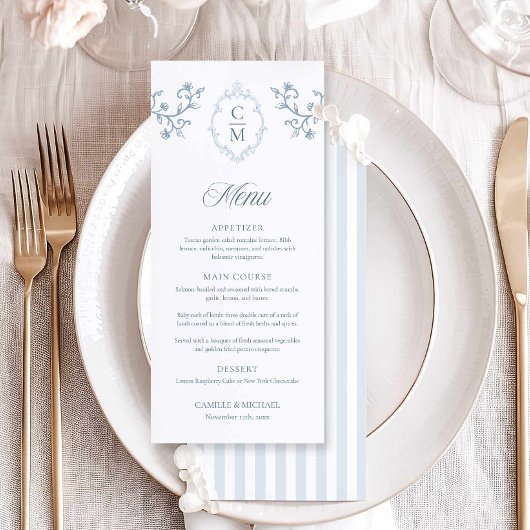 Carte de menu de mariage élégante à rayure de crêt