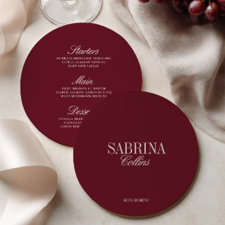 Carte de menu de mariage élégante bordeaux avec no