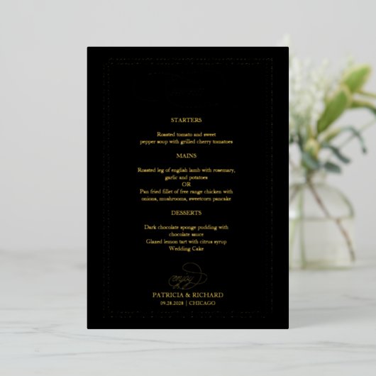 Carte de menu de mariage élégante calligraphie rée (Debout devant)