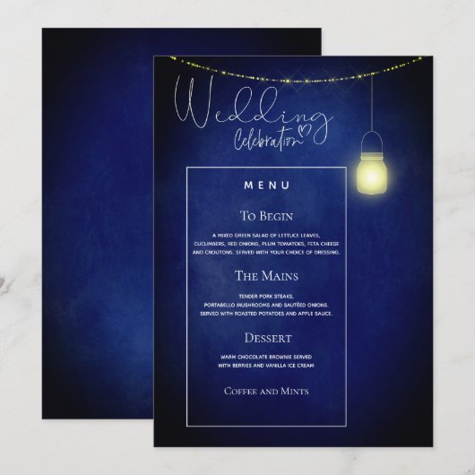 Carte de menu de mariage élégante en bleu minuit a (Devant / Derrière)