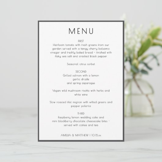 Carte de menu de mariage élégante moderne blanche (Debout devant)