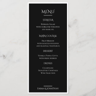 Carte de menu de mariage élégante noir et blanc