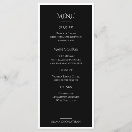 Carte de menu de mariage élégante noir et blanc (Devant)