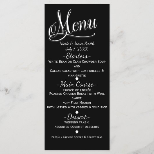 Carte de menu de mariage élégante noir et blanc (Devant)