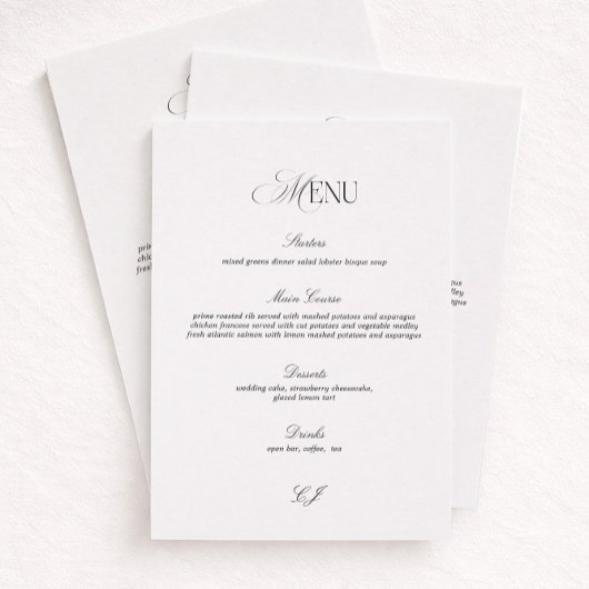 Carte de Menu de Mariage Élégante Noir et Blanc