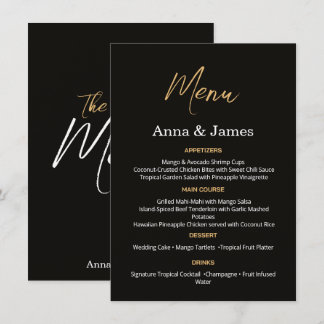 Carte de Menu de Mariage Élégante Noir et Or